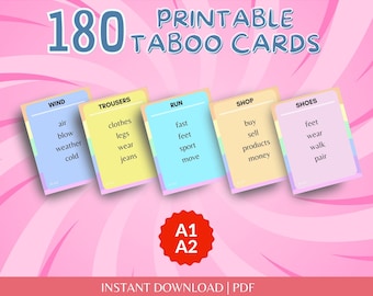 Spel met 180 verboden woorden voor volwassenen en tieners | Familiespel | Taboe-kaartspel voor beginners | Spreekactiviteit | Digitale pdf-download
