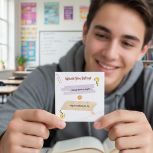 May include: A square white card featuring the text Would You Rather at the top, with two options presented on colored rectangular backgrounds: Always speak in rhymes and Sing everything you say. The card is decorated with small yellow question mark icons.