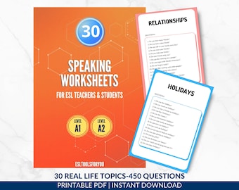 30 ESL Conversation Cards for Beginner Students | A1-A2 English Questions |Teacher Resources English for Adults Icebreaker (PDF Worksheets)
