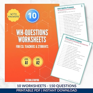 Könnte beinhalten: Ein Set aus 10 WH-Fragen-Arbeitsblättern für ESL-Lehrer und Schüler, mit einem orangefarbenen Umschlag, weißem Text, A1- und A2-Level-Abzeichen sowie zwei Beispielseiten mit interrogativen Pronomen zu Essen, Trinken und persönlichen Daten.