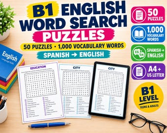 ESL Word Search Worksheets 10000 words, 50 English Spanish Bilingual Vocabulary Puzzles, B1 Intermediate Teens Adults Classroom Activity PDF