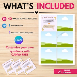May include: A digital product set featuring 40 Would You Rather cards, a printable PDF, and an editable Canva template. The display shows a sheet with six card layouts, each with a landscape graphic of clouds and hills, alongside three sample cards.