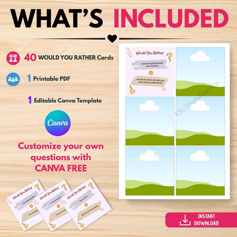 May include: A digital product set featuring 40 Would You Rather cards, a printable PDF, and an editable Canva template. The display shows a sheet with six card layouts, each with a landscape graphic of clouds and hills, alongside three sample cards.
