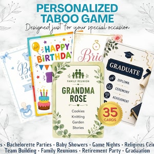 Könnte beinhalten: Ein personalisiertes Taboo-Kartenspiel mit verschiedenen Themen wie Babyparty, Geburtstag, Brautveranstaltung, Abschlussfeier und einer Familientreffen-Karte für Grandma Rose. Die Karten zeigen farbenfrohe Grafiken, Text und ein goldenes Siegel mit 35 Karten.
