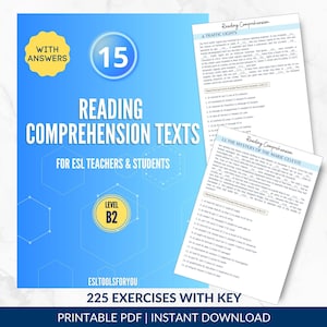 May include: A blue educational document titled 15 Reading Comprehension Texts for ESL Teachers & Students, Level B2, featuring a yellow With Answers badge, hexagonal patterns, and two sample pages showing exercises about traffic lights and the Marie Celeste.