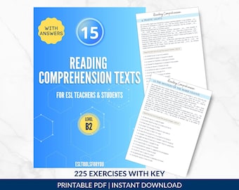 May include: A blue educational document titled 15 Reading Comprehension Texts for ESL Teachers & Students, Level B2, featuring a yellow With Answers badge, hexagonal patterns, and two sample pages showing exercises about traffic lights and the Marie Celeste.