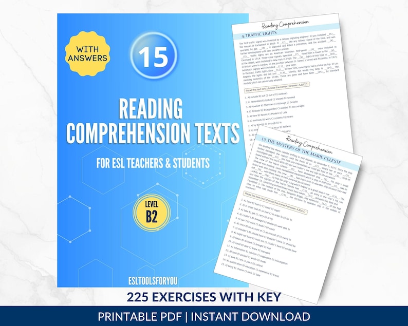 May include: A blue educational document titled 15 Reading Comprehension Texts for ESL Teachers & Students, Level B2, featuring a yellow With Answers badge, hexagonal patterns, and two sample pages showing exercises about traffic lights and the Marie Celeste.