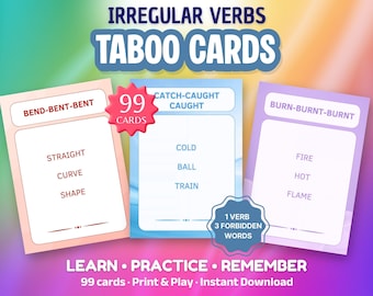 Irregular Verbs Taboo Game | 99 ESL Printable Card Game | Forbidden Words | Teacher Resources | Print and Play | Instant Download