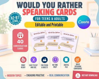 Would You Rather Game, Printable Editable in Canva Free | Activity for Teens & Adults. EFL Teachers | A2 B1 Students | Speaking Cards PDF