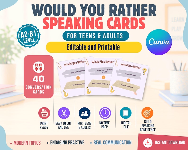 May include: A set of 40 Would You Rather speaking cards for teens and adults. The cards are editable and printable, featuring modern topics for conversation practice. The design includes icons for print ready, easy to cut, and digital file options.