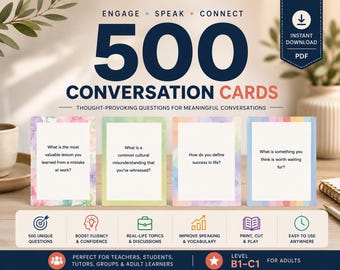 May include: A set of 500 conversation cards featuring thought-provoking questions for meaningful discussions. The cards have colorful borders and include text such as 'What is the most valuable lesson you learned from a mistake at work?' and 'How do you define success in life?'