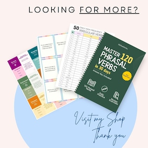 May include: A spiral-bound educational workbook titled Master 120 Phrasal Verbs in 30 days with a dark green cover, displayed alongside several colorful printed activity sheets featuring vocabulary lists, conversation prompts, and grammar tables.