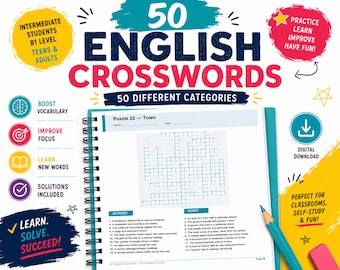 50 English Crossword Puzzles for Intermediate ESL Students | B1 Vocabulary Workbook | Printable PDF | English Activities for Teens & Adults
