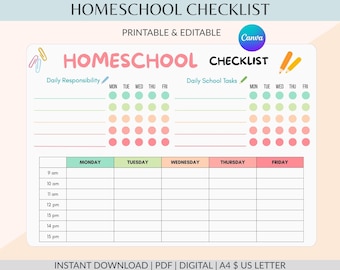 Bewerkbare checklist voor thuisonderwijs | Afdrukbaar | Thuisschoolplanner, dagelijks schema voor kinderen, schooldagroutine, studentsjabloonplanner | Pdf