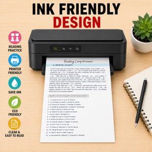 May include: A black printer outputting a white sheet of paper with a reading comprehension exercise titled Traffic Lights. The text includes fifteen numbered fill-in-the-blank questions and multiple-choice options. The design is labeled ink friendly.