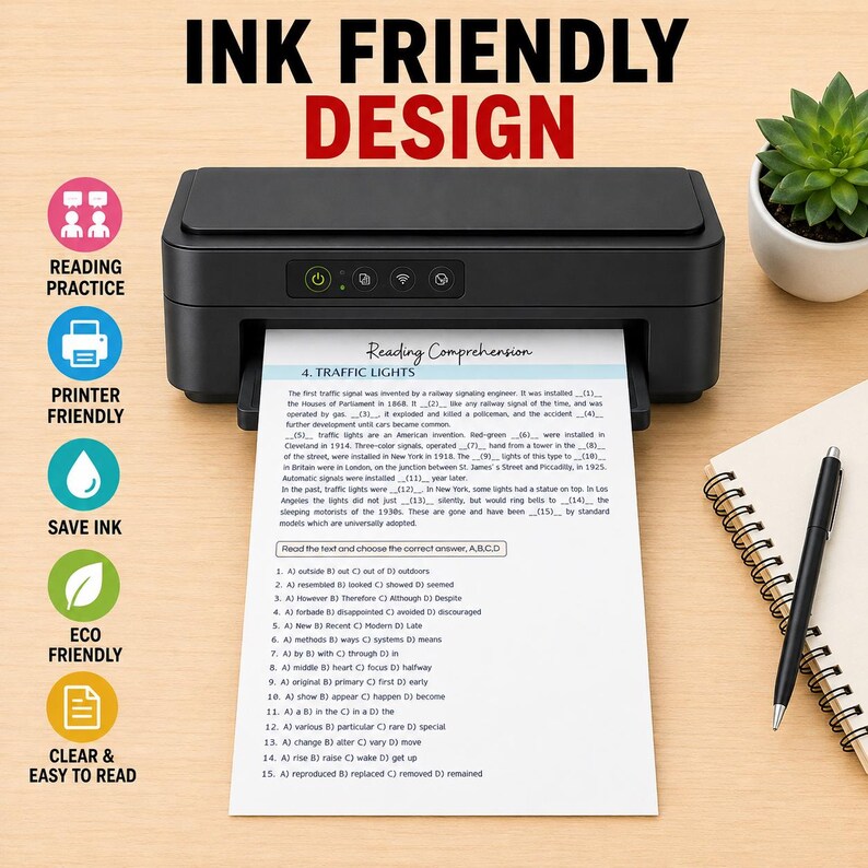 May include: A black printer outputting a white sheet of paper with a reading comprehension exercise titled Traffic Lights. The text includes fifteen numbered fill-in-the-blank questions and multiple-choice options. The design is labeled ink friendly.
