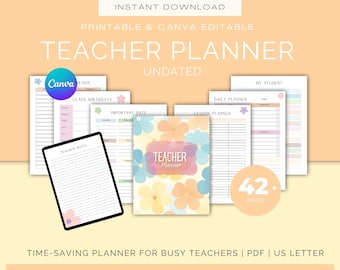 Leraar planner afdrukbaar, lesmap, lesplanner, klasplanner, ongedateerd & herbruikbaar, bewerkbare Canva-sjabloon | Digitale pdf