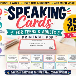 Puede incluir: Un juego de 350 tarjetas de conversación para adolescentes y adultos en formato PDF imprimible. Las tarjetas cubren 15 temas como escuela, trabajo y pasatiempos. La tarjeta principal muestra: What would your dream job be? Diseño con bordes coloridos.