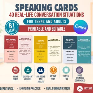 Puede incluir: Un conjunto de 40 tarjetas de conversación imprimibles y editables para adolescentes y adultos de nivel B1. Las tarjetas presentan situaciones de conversación categorizadas por temas, incluyendo vocabulario y ejercicios de resolución.