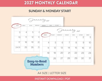 Kalender 2027 liggend maandplanner | Elegante wandkalender | Zondag en maandag Start 2027 | A4 Letter-formaat | Bureauplanner | Afdrukbare pdf