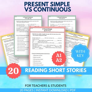 20 Arbeitsblätter zum Leseverstehen, Kurze Geschichten mit Fragen, Lesepassagen und -aktivitäten, Present Simple Continous, ELA 4 Klasse