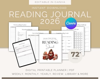 Leesdagboek 2026, afdrukbare bewerkbare planner, boekdagboek, maandelijks logboek, boekenplanktracker. Aanpasbaar in canvas. Digitale pdf-download