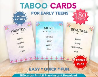 180 Forbidden Words Game for Early Teens | ESL Teacher Resourde | Taboo Cards Game for Beginners | Speaking Activity | Digital Download PDF