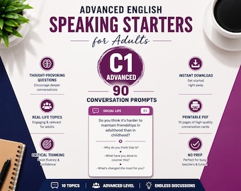 90 ESL Conversation Cards for Teens C1 | 360 Speaking Prompts | Printable EFL Activity | English Conversation Starters | TEFL Classroom, Pdf