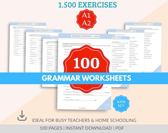 100 ESL-grammatikarbetsblad A1 A2, engelska övningar för tonåringar och vuxna, lektionsplaner för nybörjare i engelska, med nyckel, ESL-resurser, PDF