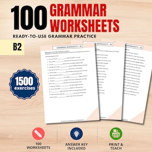 Puede incluir: Una colección de 100 fichas de gramática para el nivel B2, con 1500 ejercicios. Los documentos incluyen preguntas para completar espacios en blanco con un diseño claro, encabezados en negrita y una insignia azul con el total.