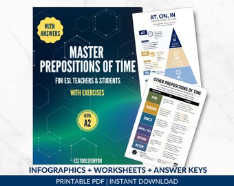 English Time Prepositions Complete Pack | 200+ Exercises with Key + 2 Reference Guides | in at on for since until | A2 ESL Printable PDF
