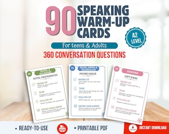 90 ESL Conversation Cards for Teens A2 | 360 Speaking Prompts | Printable EFL Activity | English Conversation Starters | TEFL Classroom, Pdf