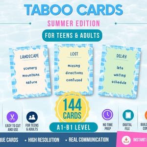 Könnte beinhalten: Taboo-Karten Sommer-Edition für Jugendliche und Erwachsene mit 144 Karten auf A1-B1-Niveau. Drei Beispielkarten zeigen die Wörter Landscape, Lost und Delay mit zugehörigen Begriffen. Das Design zeigt ein blau-weißes Poolwasser-Muster.