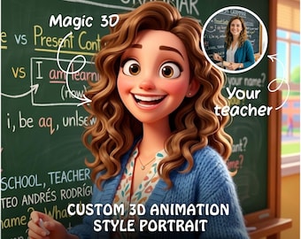 Pixar-portretstijl vanaf foto, cadeau leraar, geanimeerde portretten in stijl, digitaal 3D-portret, cadeau, cadeau student, leraar ESL-leraar aangepast