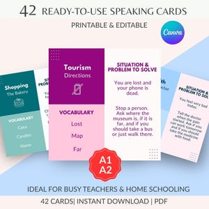 May include: A set of 42 ready-to-use speaking cards for language learning. The cards are printable and editable, featuring topics like shopping, tourism, and problem-solving. The cards are designed for busy teachers and home schooling.