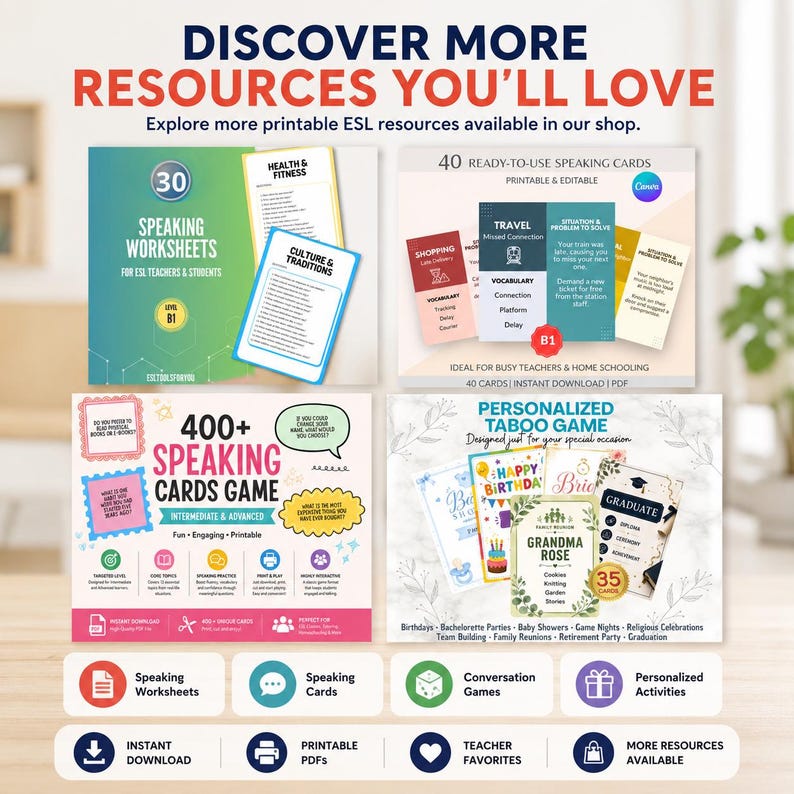 May include: A digital display of printable ESL educational resources including 30 speaking worksheets, 40 ready-to-use speaking cards, a 400+ speaking cards game, and a personalized Taboo game. The layout features colorful text, icons, and cards.
