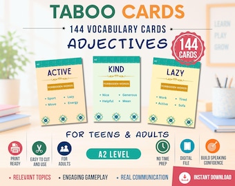 144 Forbidden Words Game for Adults & Teens | ESL Teacher Resource | Taboo Cards Game Adjectives | Speaking Activity | English Fluency | A2