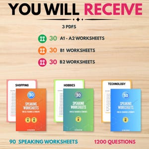 May include: A digital educational resource set featuring 3 PDFs containing 90 speaking worksheets and 1200 questions. The materials are categorized into 30 A1-A2, 30 B1, and 30 B2 worksheets, with covers labeled Shopping, Hobbies, and Technology.