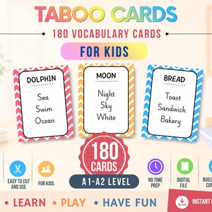Könnte beinhalten: Ein Set aus 180 Taboo-Vokabelkarten für Kinder, Niveau A1-A2, mit drei Beispielkarten für die Wörter Dolphin, Moon und Bread, jeweils mit zugehörigen Begriffen, dargestellt mit farbigen Zickzack-Rändern und erklärenden Symbolen.