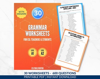 30 English Grammar Practice Worksheets A1 A2, Beginner Exercises, ESL Printable PDF for Teachers and Homeschool, Answer Key Included