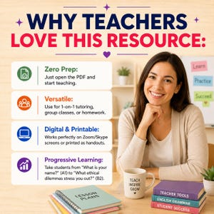 May include: An educational resource graphic titled WHY TEACHERS LOVE THIS RESOURCE: featuring four points: Zero Prep, Versatile, Digital & Printable, and Progressive Learning. A smiling person sits behind a mug labeled TEACH INSPIRE GROW and books.
