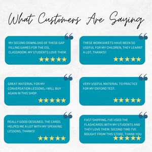 May include: A customer review graphic titled What Customers Are Saying featuring six teal rectangular text boxes with quotation marks and five yellow stars. Each box contains positive feedback about educational worksheets and flashcards.