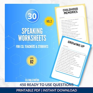 Op de afbeelding: Een blauw educatief document getiteld 30 Speaking Worksheets for ESL Teachers & Students, Level B2, met 450 kant-en-klare vragen. Twee kleinere pagina's getiteld Childhood Memories en Growing Up tonen lijsten met vragen.