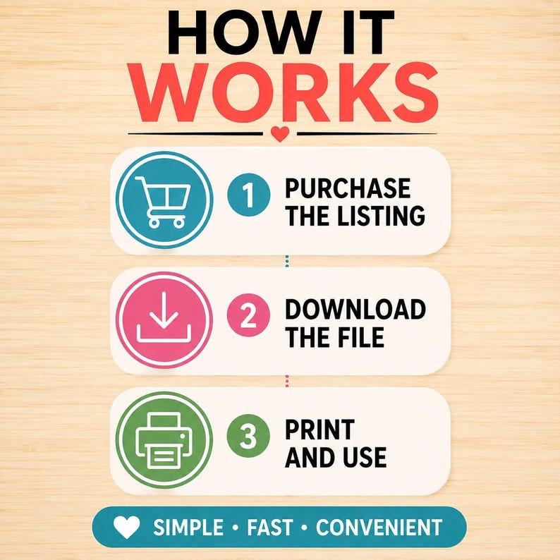 May include: An instructional graphic titled HOW IT WORKS with a small red heart. Three steps are listed: 1 PURCHASE THE LISTING with a shopping cart icon, 2 DOWNLOAD THE FILE with a download icon, and 3 PRINT AND USE with a printer icon. SIMPLE FAST CONVENIENT.