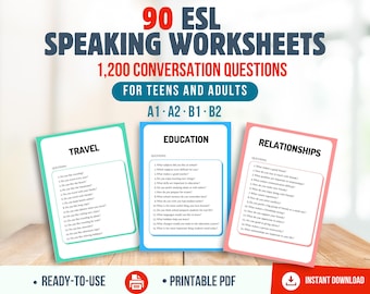 90 ESL Speaking Worksheets Bundle: 1200 Conversation Questions A1-B2. EFL Resources for teachers, Teens and adults, PDF download