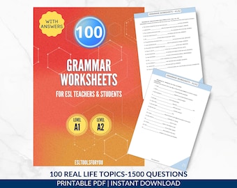 100 ESL Grammar Worksheets A1 A2, English Exercises for Teens and Adults, Beginner English Lesson Plans, with Key, ESL Resources, PDF