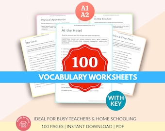Bundel met 100 ESL-woordenschatwerkbladen voor beginners A1-A2, ESL-docenten en -studenten. Thuisonderwijs, klassikaal, zelfstudie, met sleutel (pdf)