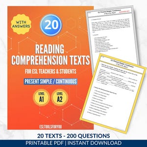 Può includere: Un documento educativo arancione intitolato 20 Reading Comprehension Texts for ESL Teachers & Students, che presenta Present Simple/Continuous, livelli A1 e A2, con risposte e due fogli di lavoro di esempio con testi e domande.