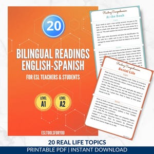 20 ejercicios bilingües de comprensión lectora en inglés y español para adolescentes y adultos, cuentos cortos A1-A2, hojas de trabajo de inglés como segundo idioma, recursos para profesores, educación en el hogar.