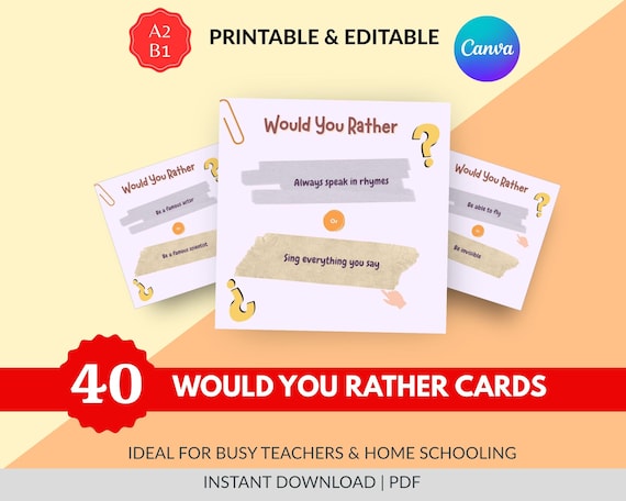 Family Game, Would You Rather Game, Printable and Editable in Canva Games, Activity for Teens & Adults. Teachers | Students | Speaking Cards